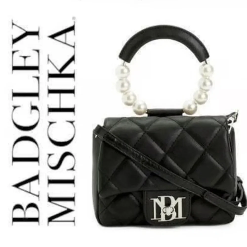 Badgley Mischka/Vegan Leather Clutch Bag Pearl Handle Black Crossbody Purse - Picture 3 of 9